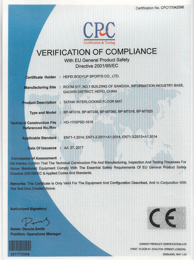 CE Certificate for EVA Interlocking Mat